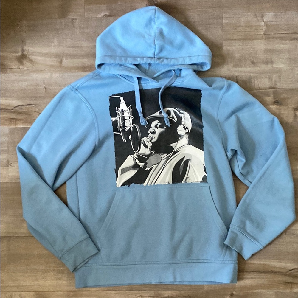 Blue Graphic Print Sweater with Drawstring Hood